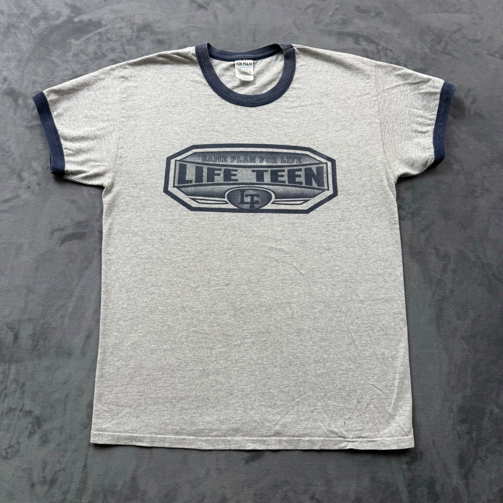 Gildan Life Teen Game Plan For Life Ringer T-Shirt Gray Navy Mens Medium